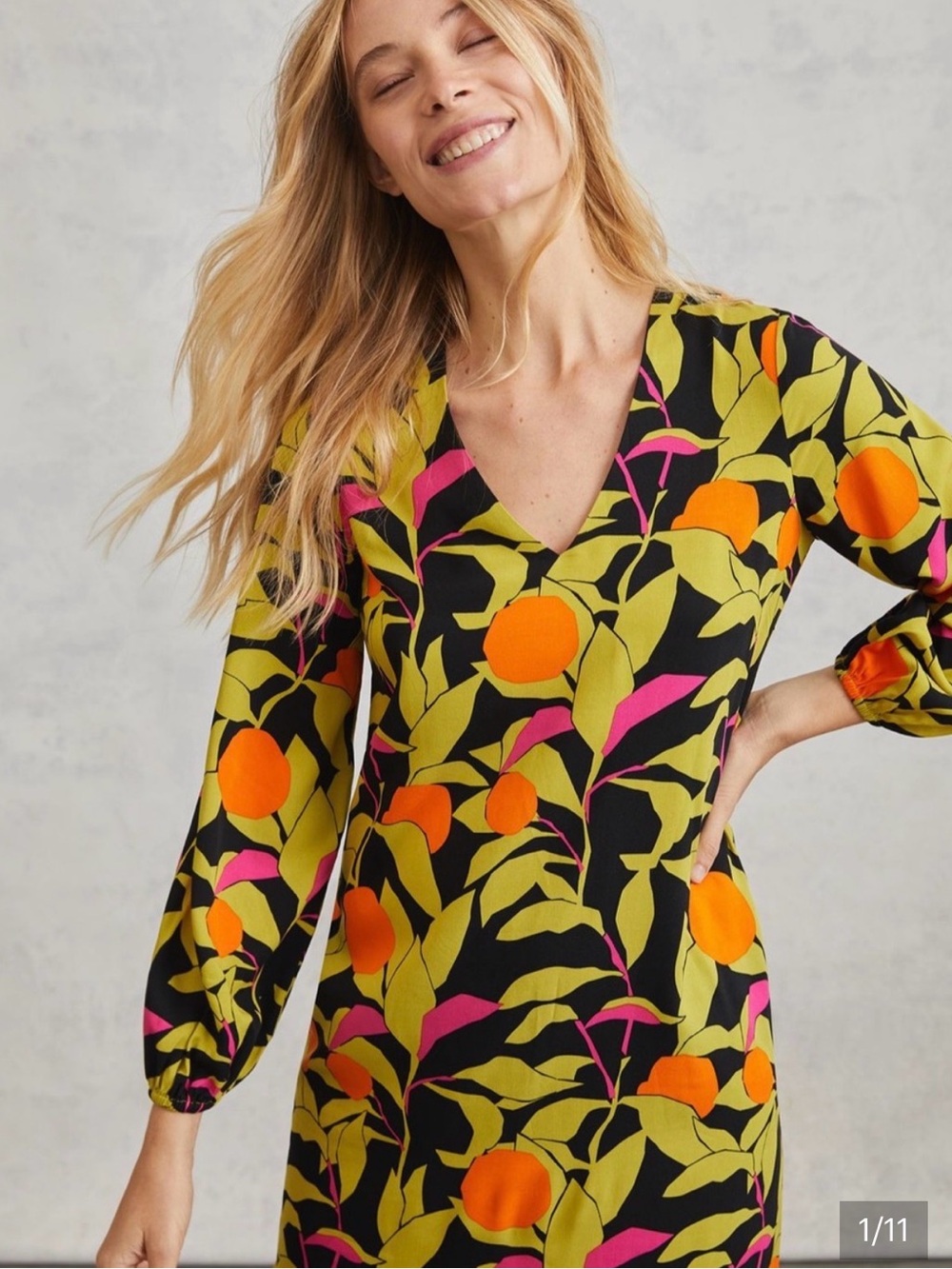 Corey Lynn Calter Black Midi Dress with Orange, Lime Green & Pink Floral Print